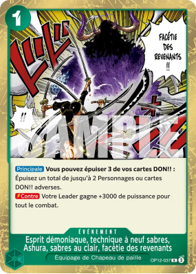 Carte One Piece Esprit démoniaque, technique à neuf sabres, Ashura, sabres au clair, facétie des revenants OP12-037 R