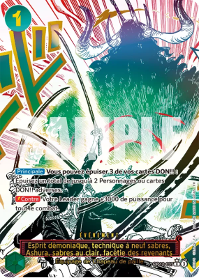 Carte One Piece Esprit démoniaque, technique à neuf sabres, Ashura, sabres au clair, facétie des revenants OP12-037 R ALT ART