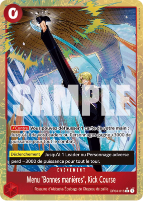 Carte One Piece Menu "Bonnes manières", Kick Course OP04-016 R ALT ART PRB02