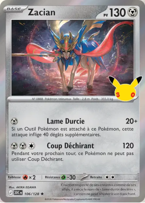 Carte Pokémon Zacian 106/128 Rare 30ᵉ Anniversaire