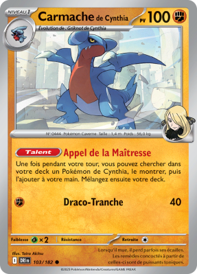 Carte Pokémon Carmache de Cynthia 103/182 Commune Rivalités Destinées