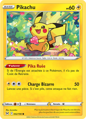 Carte Pokémon Pikachu 052/196 Commune Origine Perdue