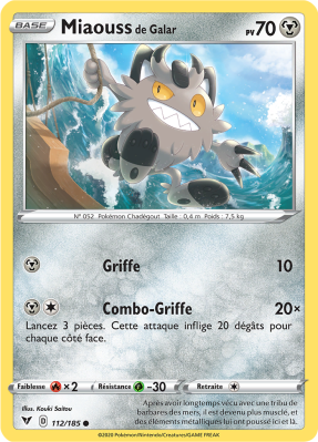 Carte Pokémon Miaouss de Galar 112/185 Commune Voltage Éclatant