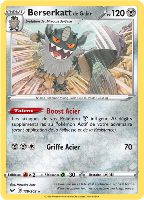 Carte Pokémon Berserkatt de Galar 128/202 Holographique Épée et Bouclier (JCC)