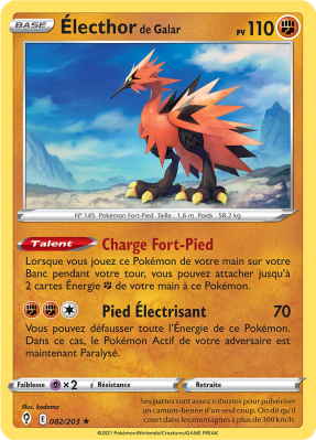 Carte Pokémon Électhor de Galar 082/203 Holographique Évolution Céleste