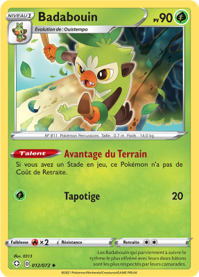 Carte Pokémon Badabouin 012/072 Peu commune Destinées Radieuses