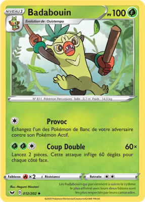Carte Pokémon Badabouin 012/202 Peu commune Épée et Bouclier (JCC)