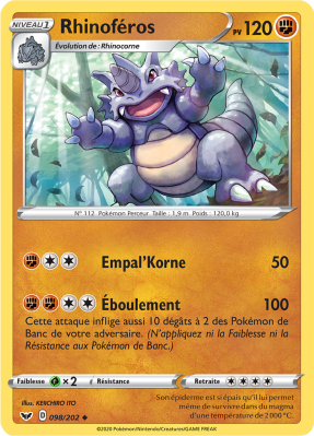 Carte Pokémon Rhinoféros 098/202 Peu commune Épée et Bouclier (JCC)