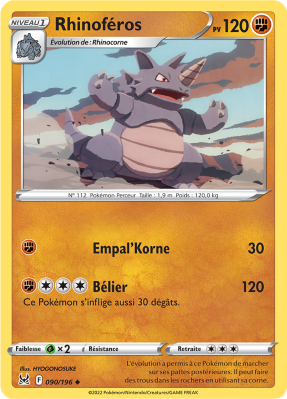 Carte Pokémon Rhinoféros 090/196 Peu commune Origine Perdue