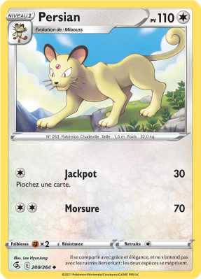 Carte Pokémon Persian 200/264 Peu commune Poing de Fusion