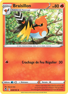Carte Pokémon Braisillon 028/195 Peu commune Tempête Argentée