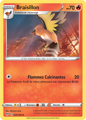 Carte Pokémon Braisillon 031/189 Peu commune Ténèbres Embrasées
