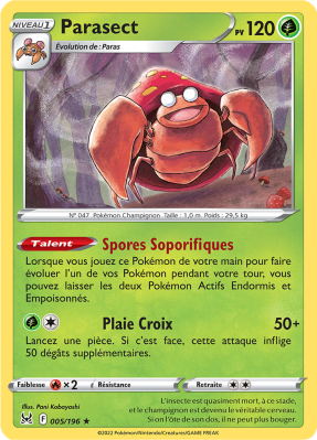 Carte Pokémon Parasect 005/196 Rare Origine Perdue
