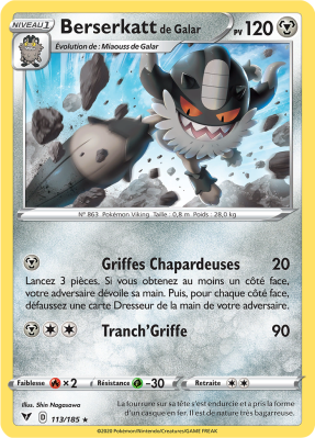 Carte Pokémon Berserkatt de Galar 113/185 Rare Voltage Éclatant
