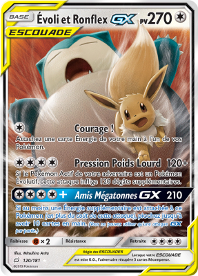 Carte Pokémon Évoli et Ronflex-GX 120/181 Ultra Rare Duo de Choc