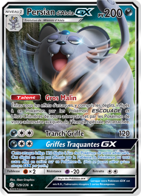 Carte Pokémon Persian d'Alola-GX 129/236 Ultra Rare Éclipse Cosmique