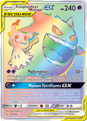 Carte Pokémon Ectoplasma et Mimiqui-GX 186/181 Rainbow Duo de Choc