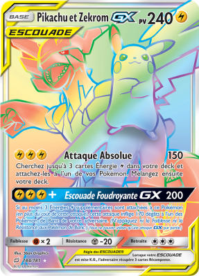 Carte Pokémon Pikachu et Zekrom-GX 184/181 Rainbow Duo de Choc
