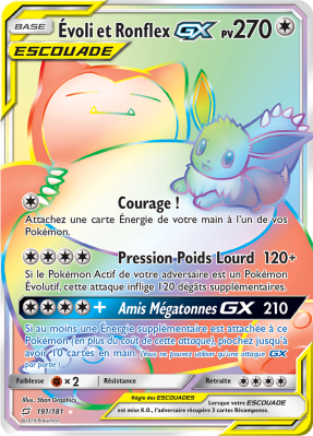 Carte Pokémon Évoli et Ronflex-GX 191/181 Rainbow Duo de Choc
