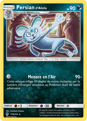 Carte Pokémon Persian d'Alola 119/214 Rare Tonnerre Perdu