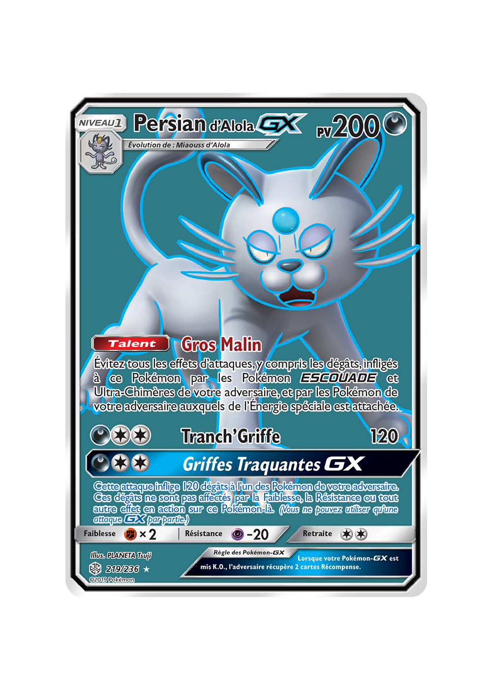 Ultra 236 Carte Pokémon Persian d'Alola-GX 219/236 Ultra Rare Éclipse Cosmique