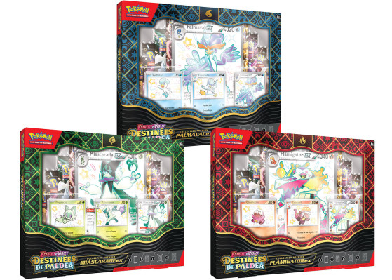 Pokémon –  Coffrets Collection Premium Miascarade-ex, Flâmigator-ex & Palmaval-ex – en français
