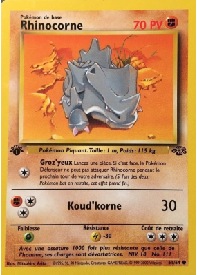 Carte Pokémon Rhinocorne 61/64 Commune Jungle (JCC)