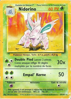 Carte Pokémon Nidorino 37/102 Peu commune Set de Base