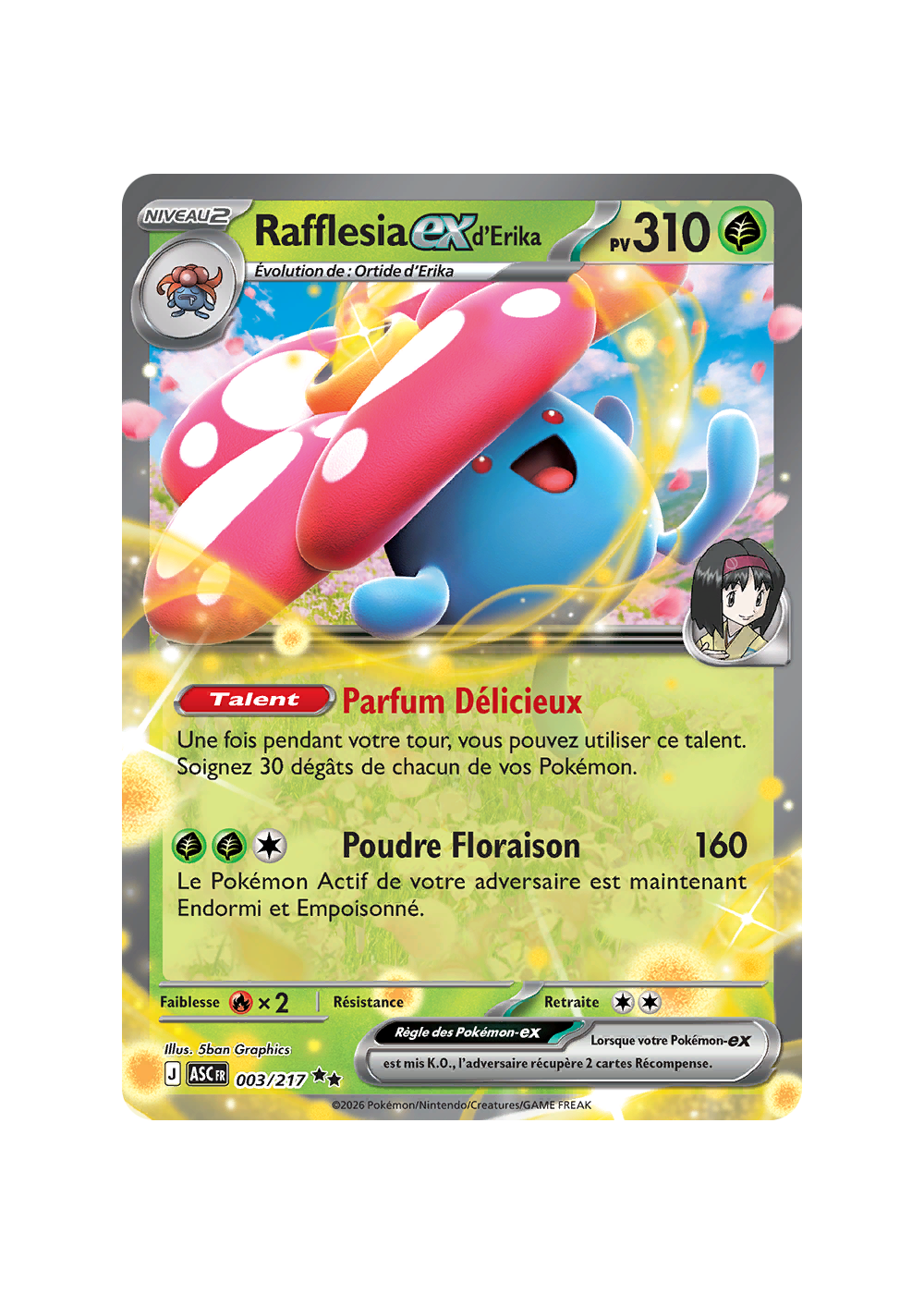 Carte Pokémon Rafflesia-ex d'Erika 003/217 Double rare Héros Transcendants